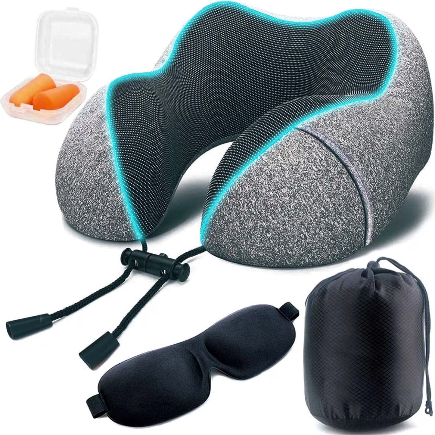 Ergonomic U-Shape Travel Kit: Contoured Neck Pillow with Eye Mask, Earplugs, and Travel Bag