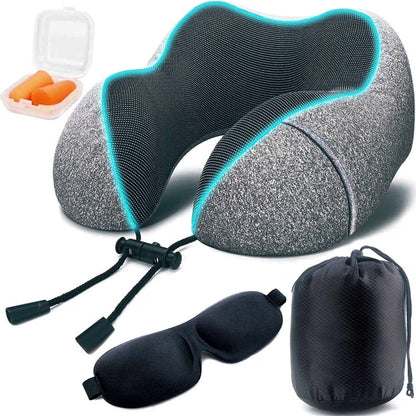 Ergonomic U-Shape Travel Kit: Contoured Neck Pillow with Eye Mask, Earplugs, and Travel Bag