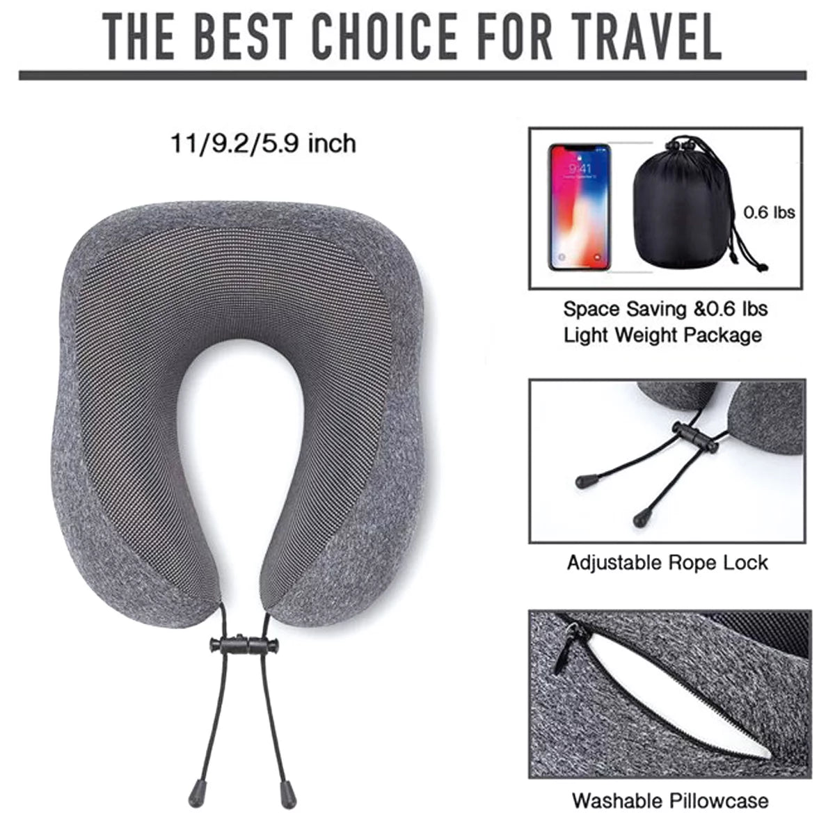 Ergonomic U-Shape Travel Kit: Contoured Neck Pillow with Eye Mask, Earplugs, and Travel Bag