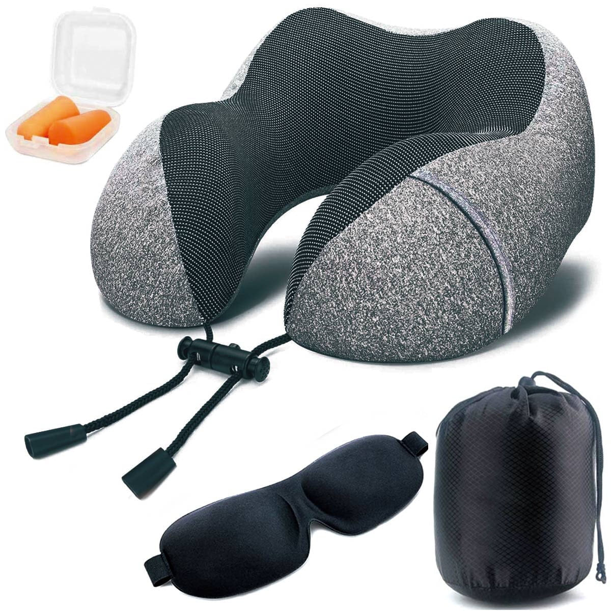 Ergonomic U-Shape Travel Kit: Contoured Neck Pillow with Eye Mask, Earplugs, and Travel Bag