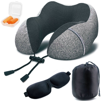 Ergonomic U-Shape Travel Kit: Contoured Neck Pillow with Eye Mask, Earplugs, and Travel Bag