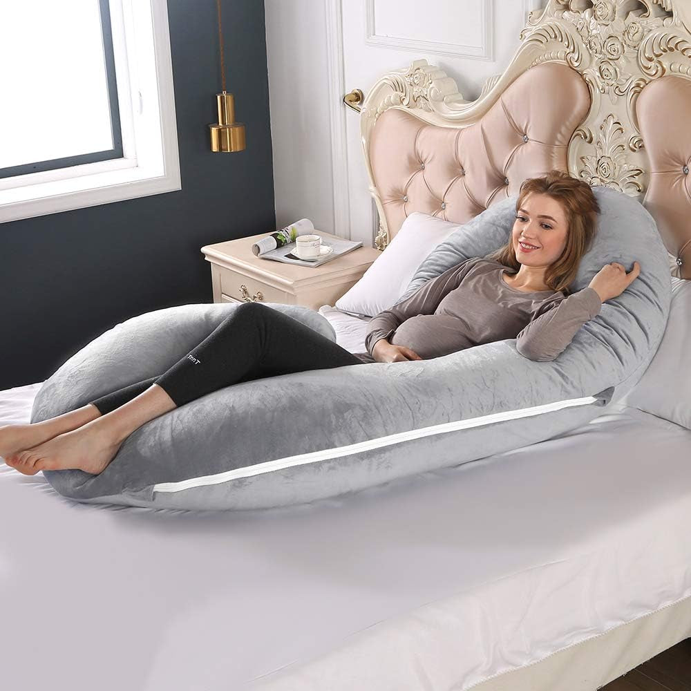 The 52" C-Shape Body Alignment Pillow: Full Maternity Support & Pain Relief for Back, Hips, and Legs | Luxury Velvet Cover