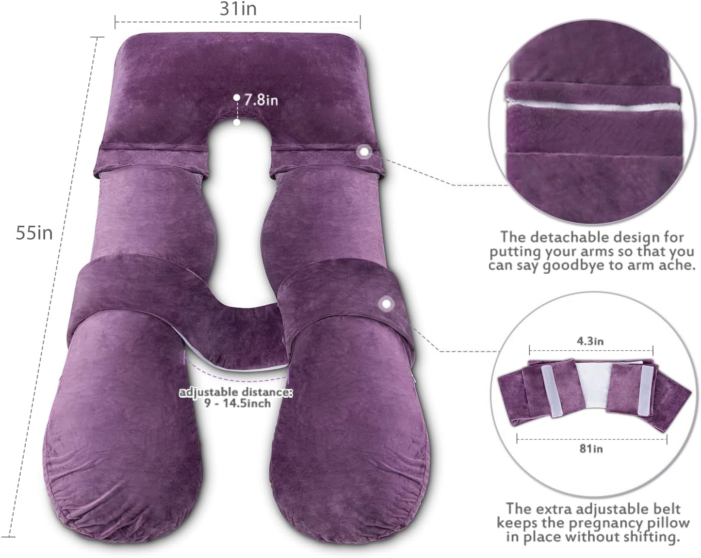 Modular U-Shape Pregnancy Pillow: Detachable Components & Adjustable Belt for Customized Back, Hip, and Joint Alignment (Luxury Velvet)
