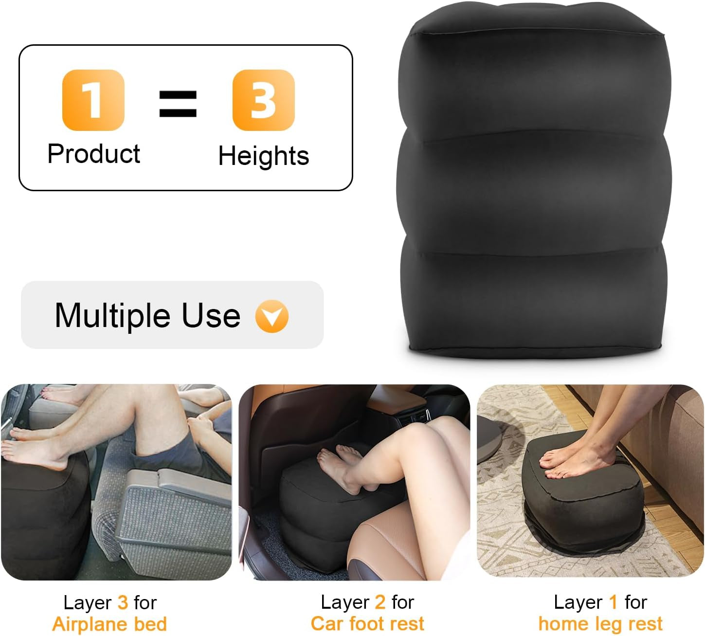 Adjustable Height Inflatable Foot Rest Pillow: Portable Leg Support for Airplane, Car, Home & Toddler Travel Bed